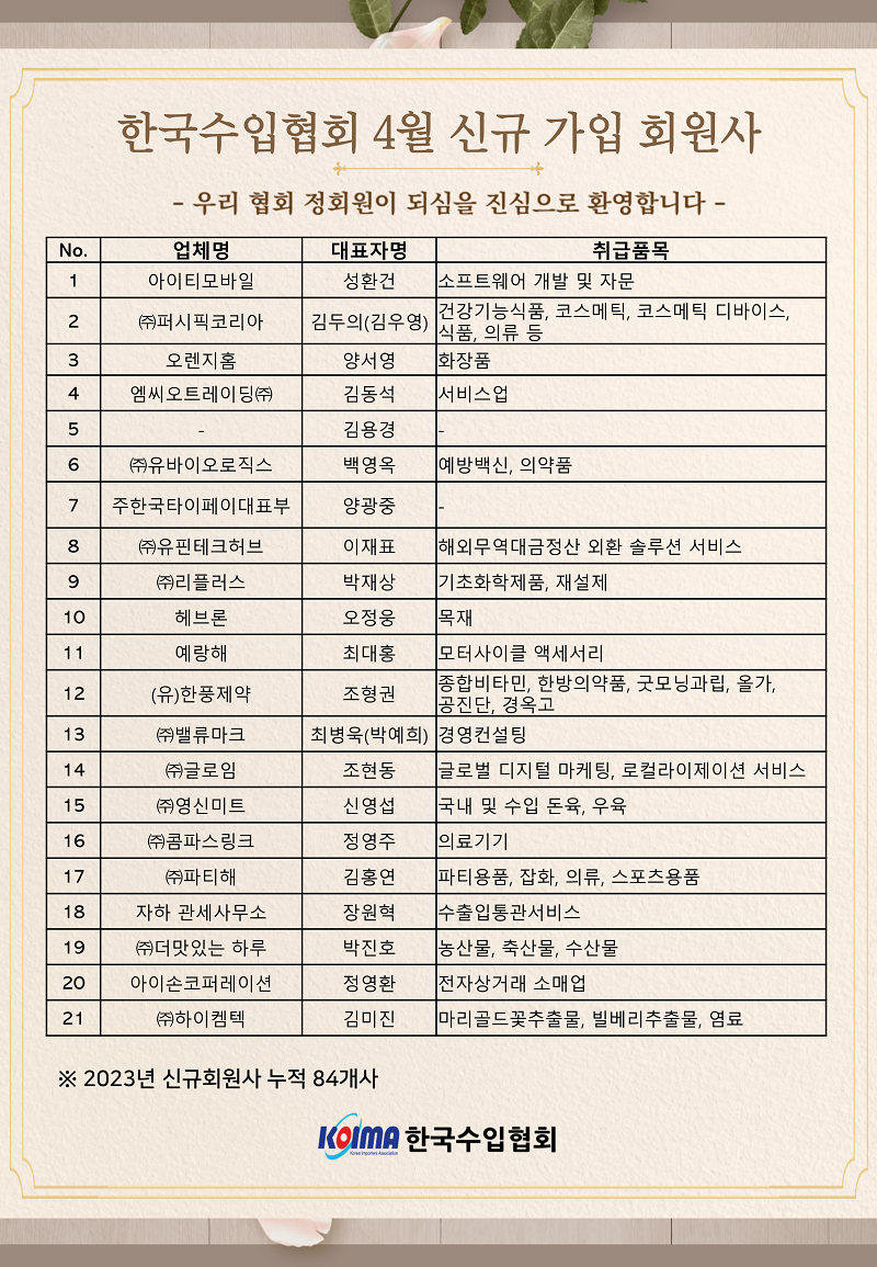 2023년 4월 KOIMA 신규가입 21개사 회원사 여러분을 환영합니다.