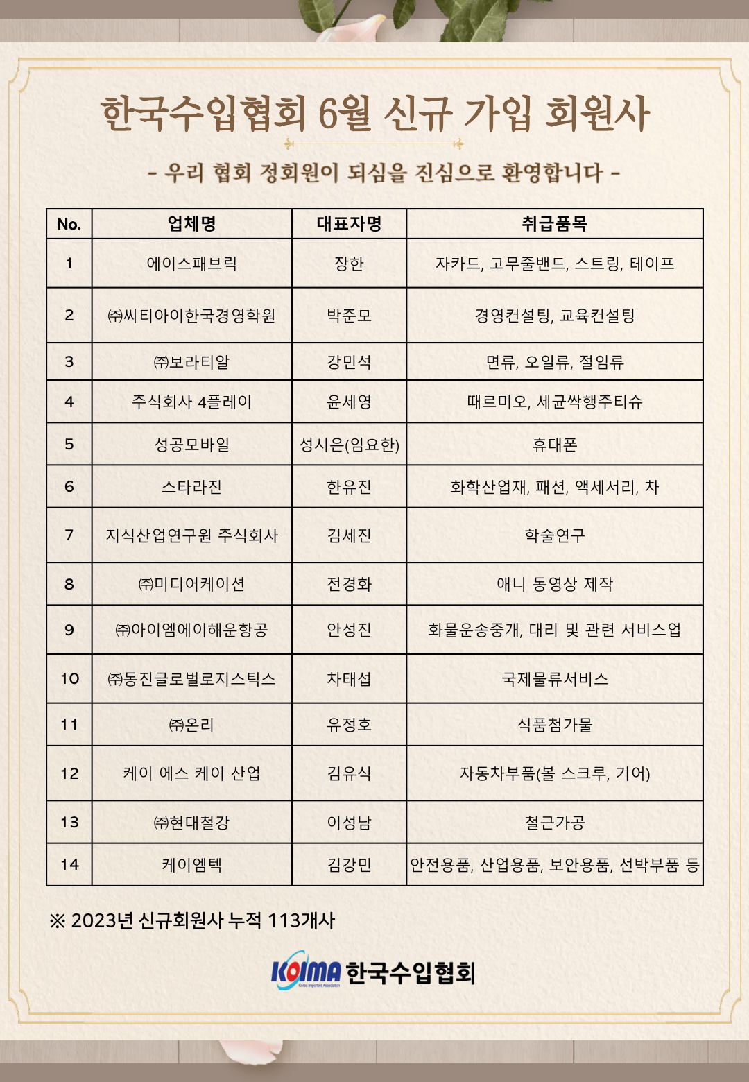 2023년 6월 KOIMA 신규가입 14개사 회원사 여러분을 환영합니다.