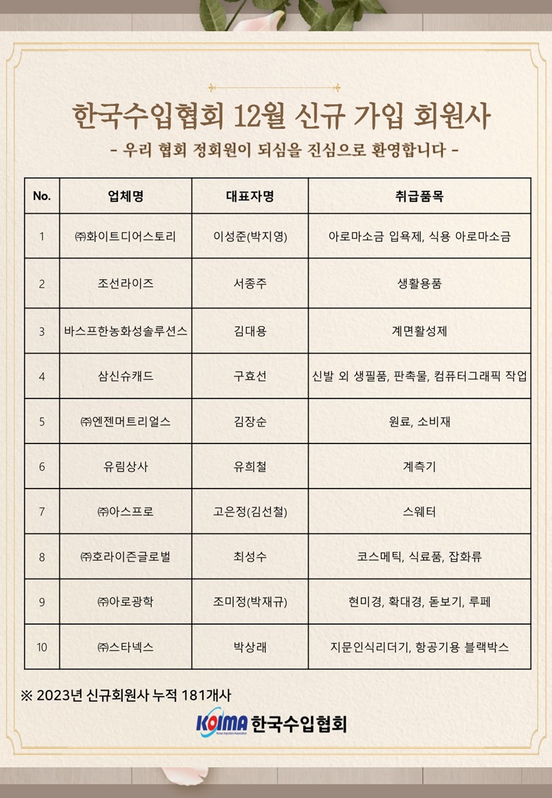 2023년 12월 KOIMA 신규가입 10개사 회원사 여러분을 환영합니다.