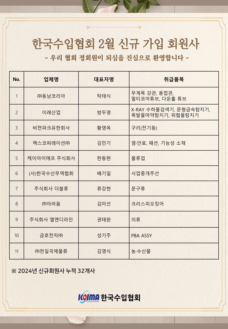 2024년 2월 KOIMA 신규가입 11개사 회원사 여러분을 환영합니다.