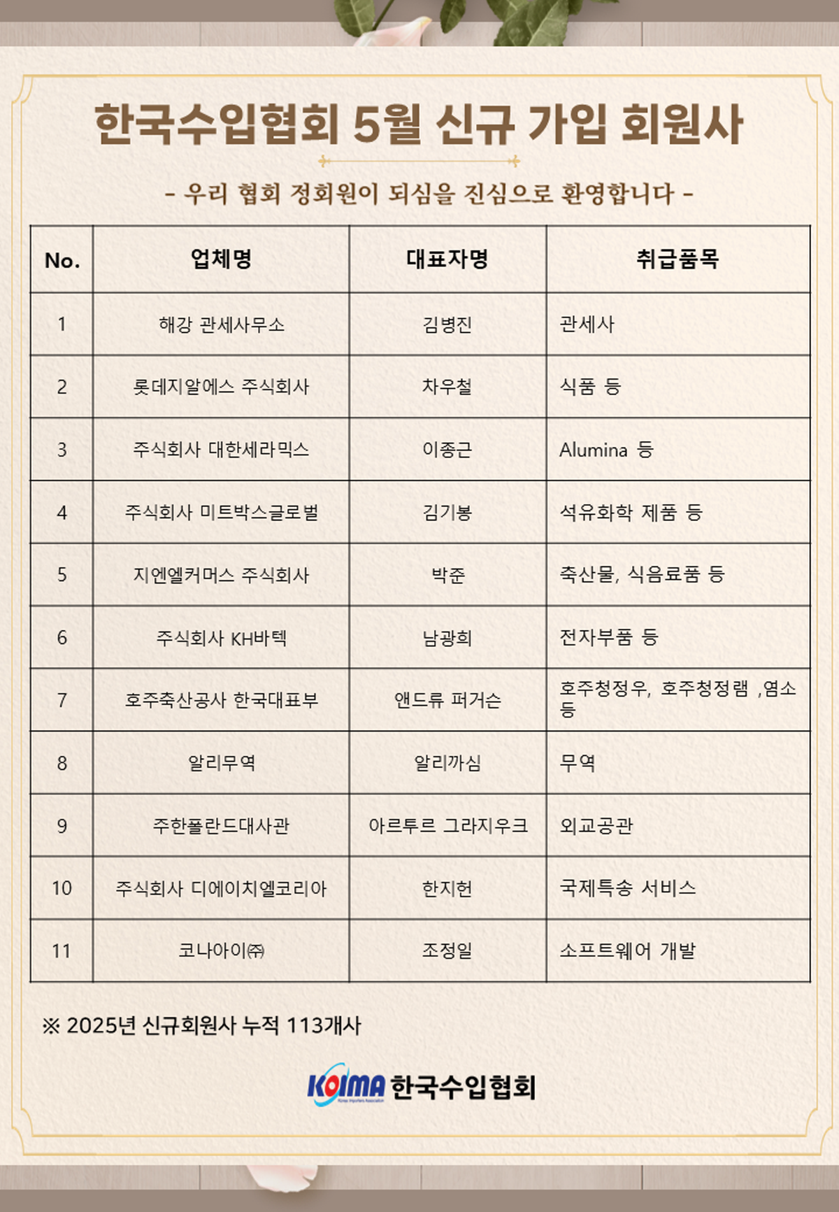 2025년 5월 KOIMA 신규가입 11개사 회원사 여러분을 환영합니다.
