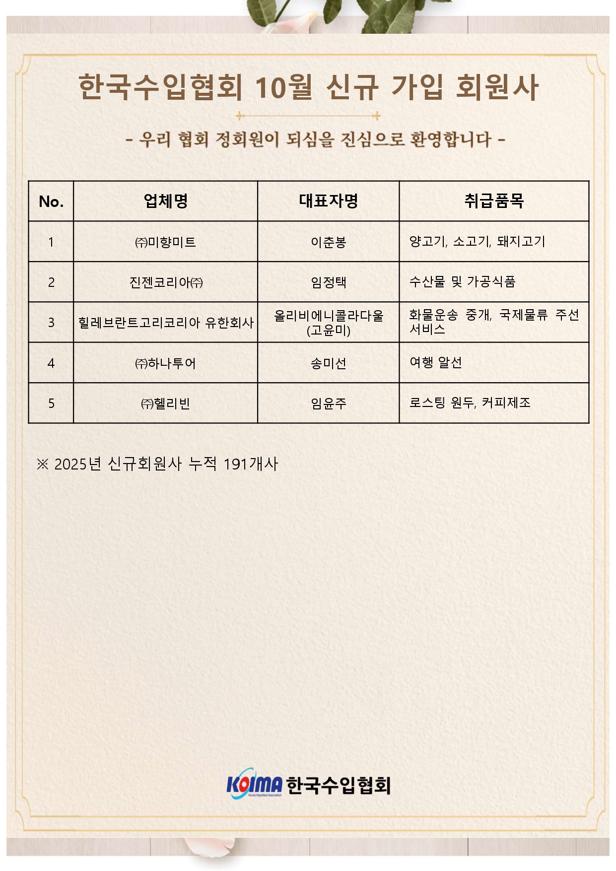 2025년 10월 KOIMA 신규가입 5개사 회원사 여러분을 환영합니다.