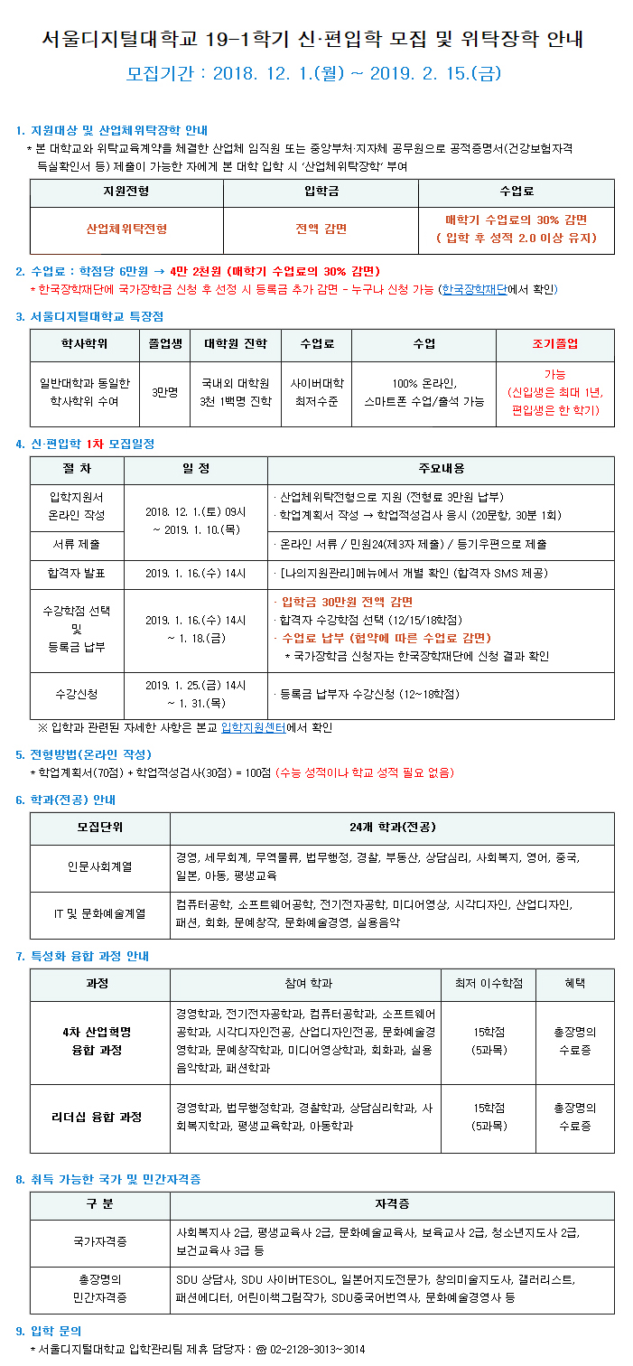 서울디지털대학교 2019-1학기 신.편입학 모집 및 위탁장학 안내