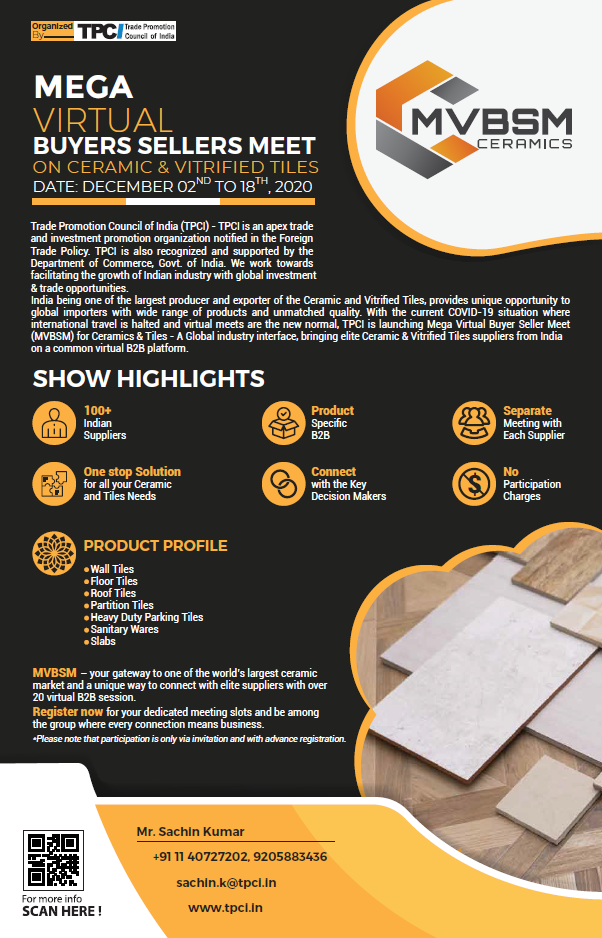 [기업모집] 인도 온라인 비즈니스 미팅 Mega Virtual Buyers Sellers Meet (MVBSM) on Ceramics and Vitrified Tiles